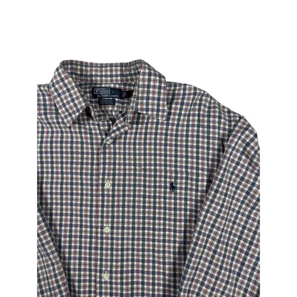 Polo Ralph Lauren Marlowe‎ Mens Large Plaid Button Down Shirt Navy Red Cotton